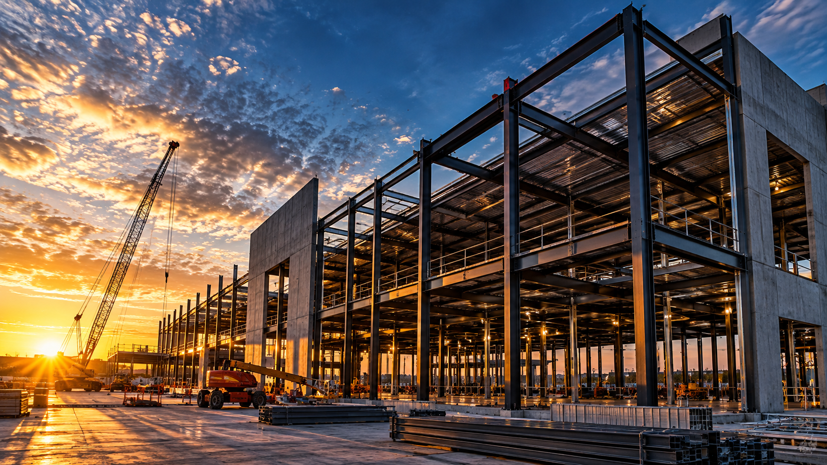 Commercial construction — structural steel framing at golden hour